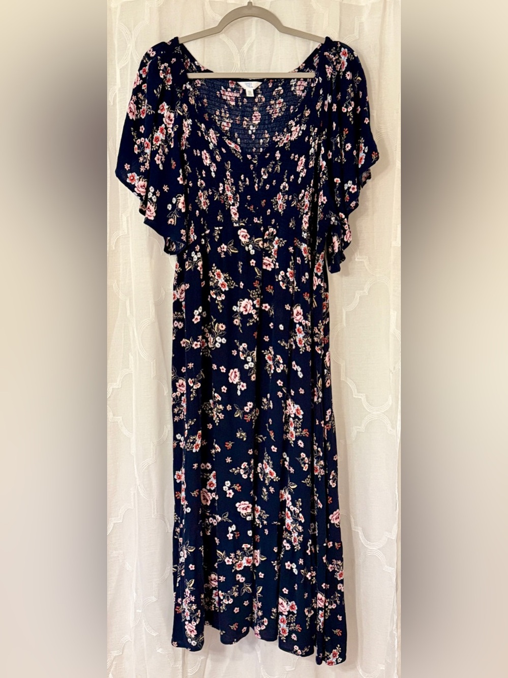 Time and Tru XXL Navy Floral Smocked Maxi Dress | Flutter Sleeve | Romantic Fall